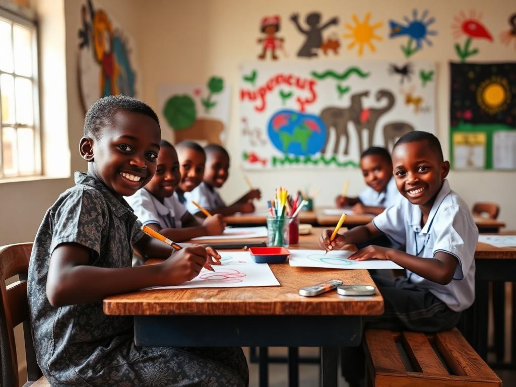 Pupils painting and drawing in art class